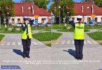Fotografia kolorowa na której po lewej stronie policjantka kierująca ruchem  stoi przodem z prawą ręką zgiętą w łokciu uniesioną przed sobą, z kolei lewą za głową