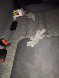 Fotografia przedstawiająca telefon, rękawiczki i papierosy ułożone na tylnym fotelu pojazdu
