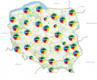 Mapa Polski z naniesionymi zagrożeniami na Krajową Mapę Zagrożeń Bezpieczeństwa