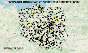 policyjna mapa wypadków drogowych 2020 naniesiona na mapę Polski