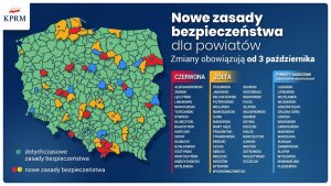 mapa Polski z naniesionymi nowymi strefami czerwonymi i żółtymi oraz wypisane te strefy