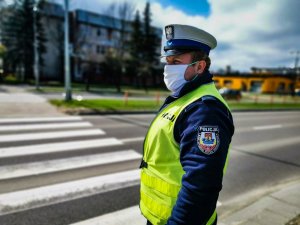 policjant ruchu drogowego, który stoi w rejonie przejścia dla pieszych