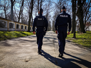Policjanci idący przez park