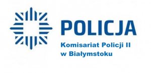 na białym tle niebieski napis Policja komisariat policji II w Białymstoku