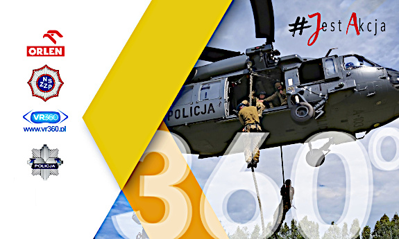 logo promujące #JestAkcja. Na zdjęciu policyjny helikopter, po lewej stronie loga sponsorów