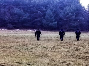 Policjanci w odległościach sprawdzający łąki