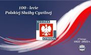 Na fioletowym tlen flaga Polski i napis 100-lecie Polskiej Służby Cywilnej