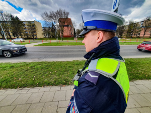 Policjant stojący przy przejściu dla pieszych.