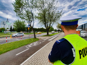 Policjant stojący tyłem obserwujący przejście dla pieszych