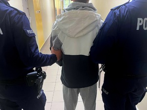 osoba zatrzymana trzymana przez policjantów